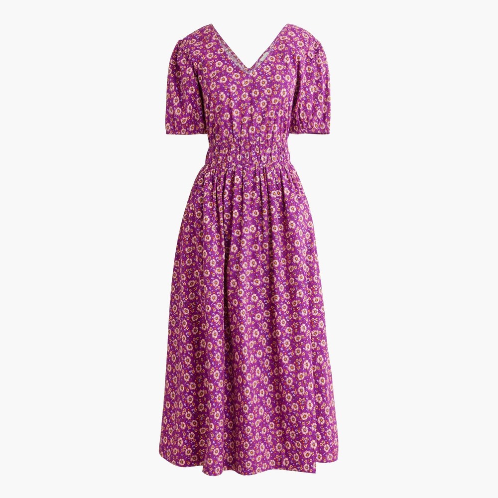 NWT J. Crew Floral Print Dress Smocked Waist Midi Casual Byzantine Purple 10P